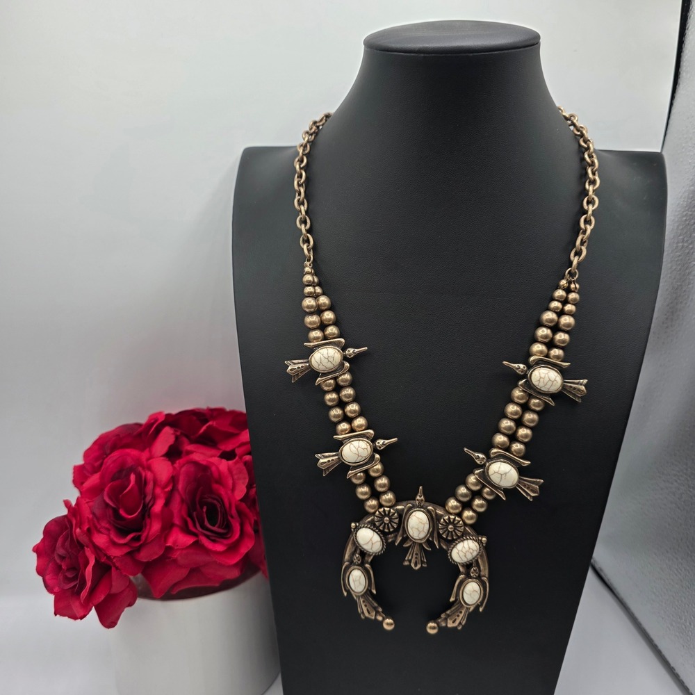 Bronze Tone Faux White Turquoise Squash Blossom Naja Bird Statement Necklace